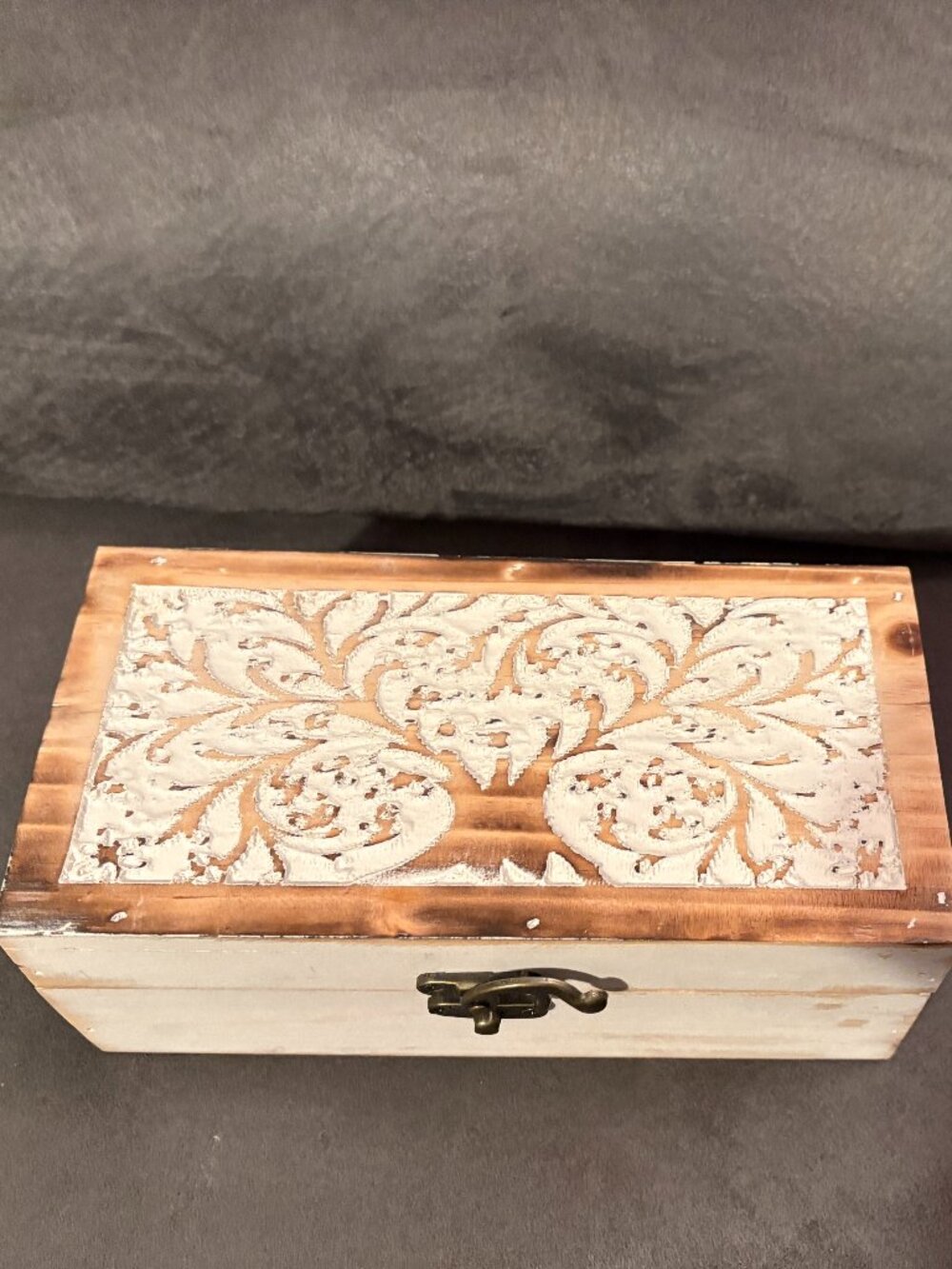Carved Mango Wooden Box-Rustic Farmhouse w/ Hinged Lid-Whitewashed-8" X 4"X 3.5"